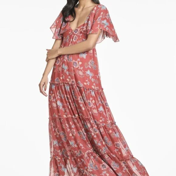 Sachin + Babi Floral Kara tiered chiffon empire sweetheart neck Maxi dress red - Picture 5 of 6